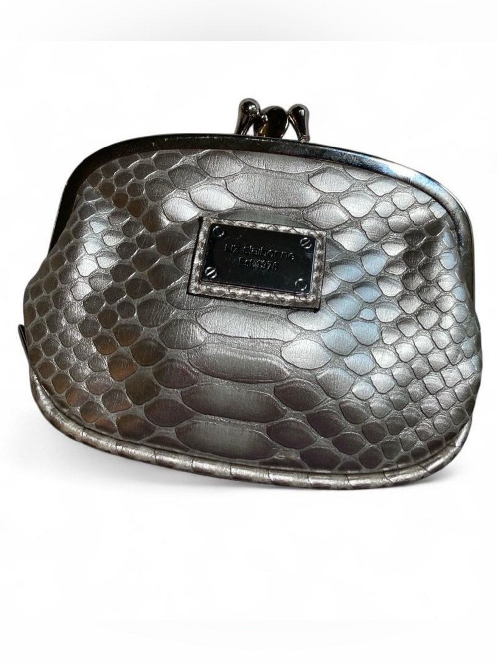 Vintage 90s Kiss Lock Metallic Silver Snake Skin Coin Purse/Clutch Liz Claiborne